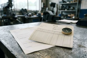 Documents et fiche de paie sur une table de poste de travail, motif métier et outil de mesure à côté.