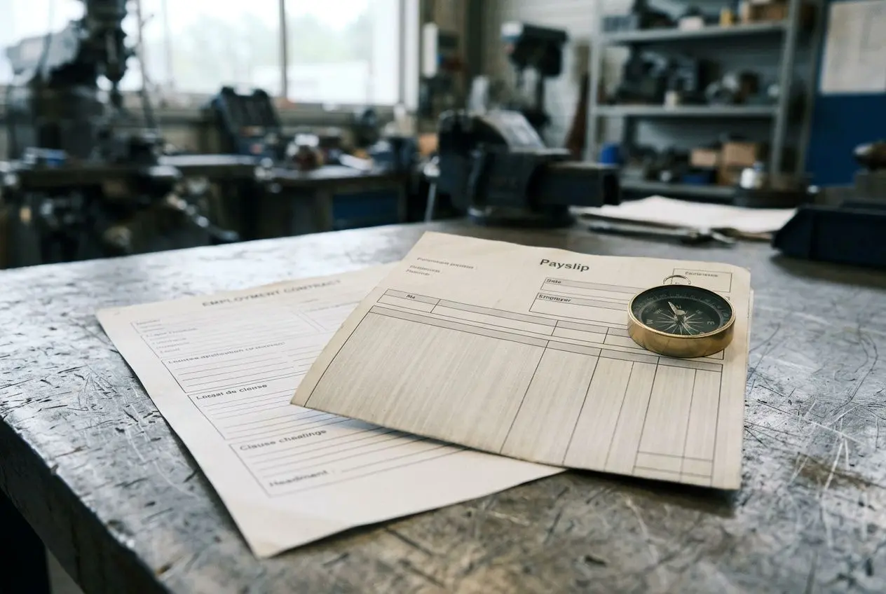 Documents et fiche de paie sur une table de poste de travail, motif métier et outil de mesure à côté.