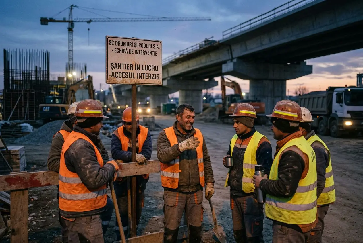 Groupe de travailleurs sur un chantier, porte-bandeau en main, discutant sous un signal, avec grues et structure en construction en arrière-plan. intégrant le mot-clé recrutement ouvrier roumain france de manière naturelle.