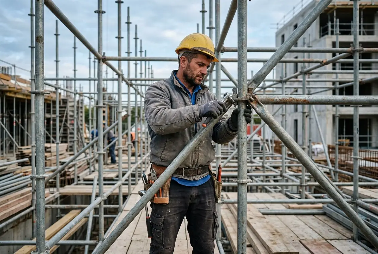 Homme sur un chantier, casque jaune, serrant une structure métallique d’échafaudage en bois et métal. pourquoi les roumains viennent travailler en france integration naturelle du sujet économique et travail.