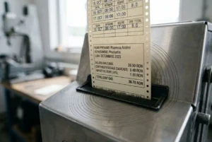 Impression d’une fiche de paie ou reçu de coût de main-d’œuvre affiché dans une machine, montrant salaire, contributions et coût total enRON. Mot-clé intégré naturellement: coût main d'œuvre roumanie.