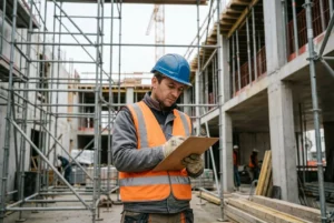 Inspecteur sur un chantier de construction, tenant un carnet et un crayon, casque bleu et gilet orange fluoresçant, structure métallique en arrière-plan. Pourquoi les roumains viennent travailler en France est évoqué par l'image comme contexte d'emploi et de mobilité professionnelle.