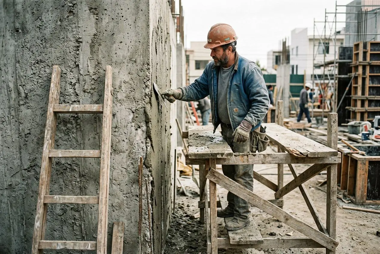Ouvrier du BTP appliquant du mortier sur un mur, travail sur échafaudage avec outils et brouette sur le chantier. Altération: 4 niveaux de qualification dans le bâtiment.