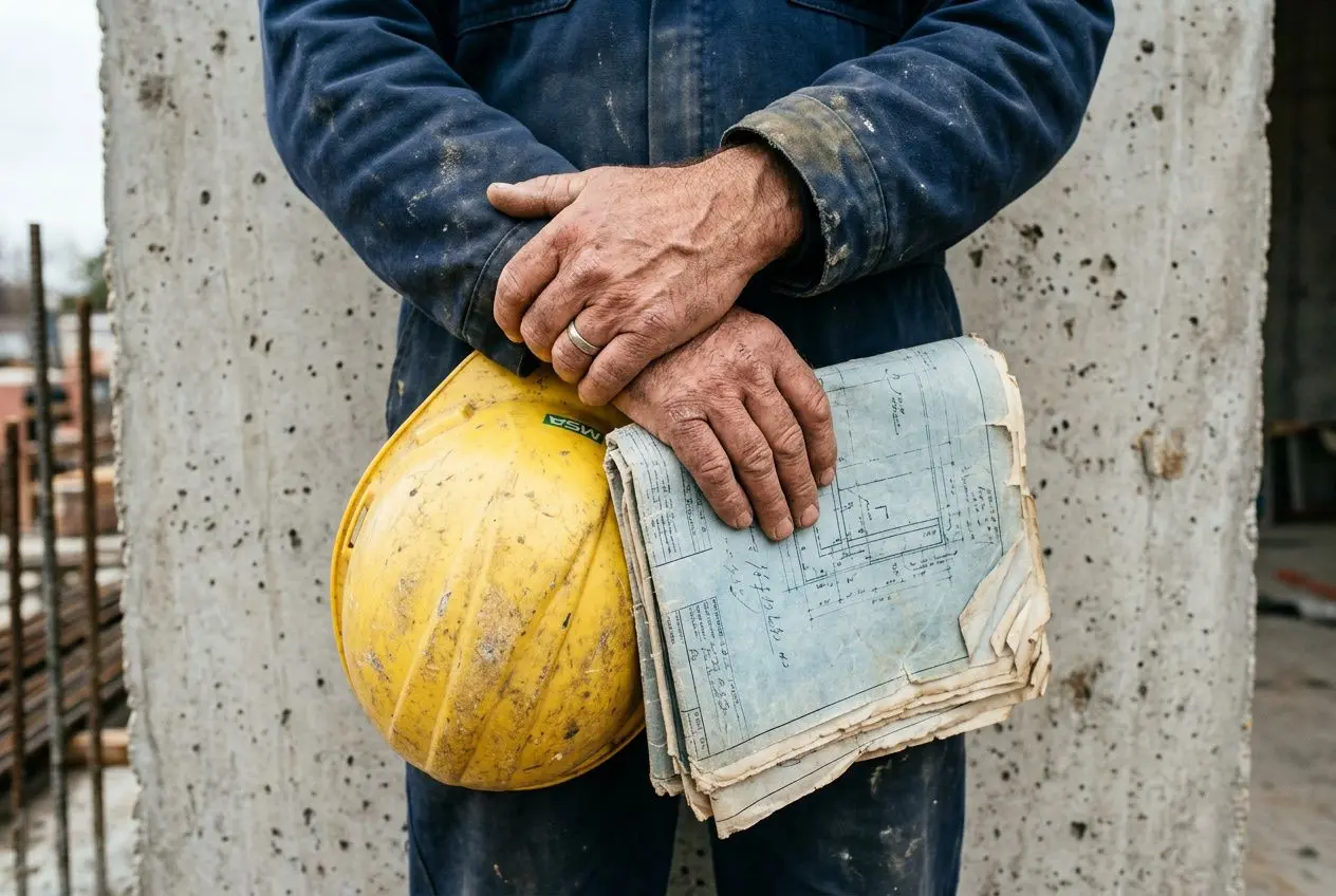 Ouvrier de chantier tenant un casque jaune et des plans froissés, sur fond de structure en béton, évoquant les niveaux de qualification dans le bâtiment.