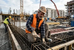 Ouvrier roumain en construction, casque et gilet orange, plie et fixe des armatures en acier sur un chantier en France.