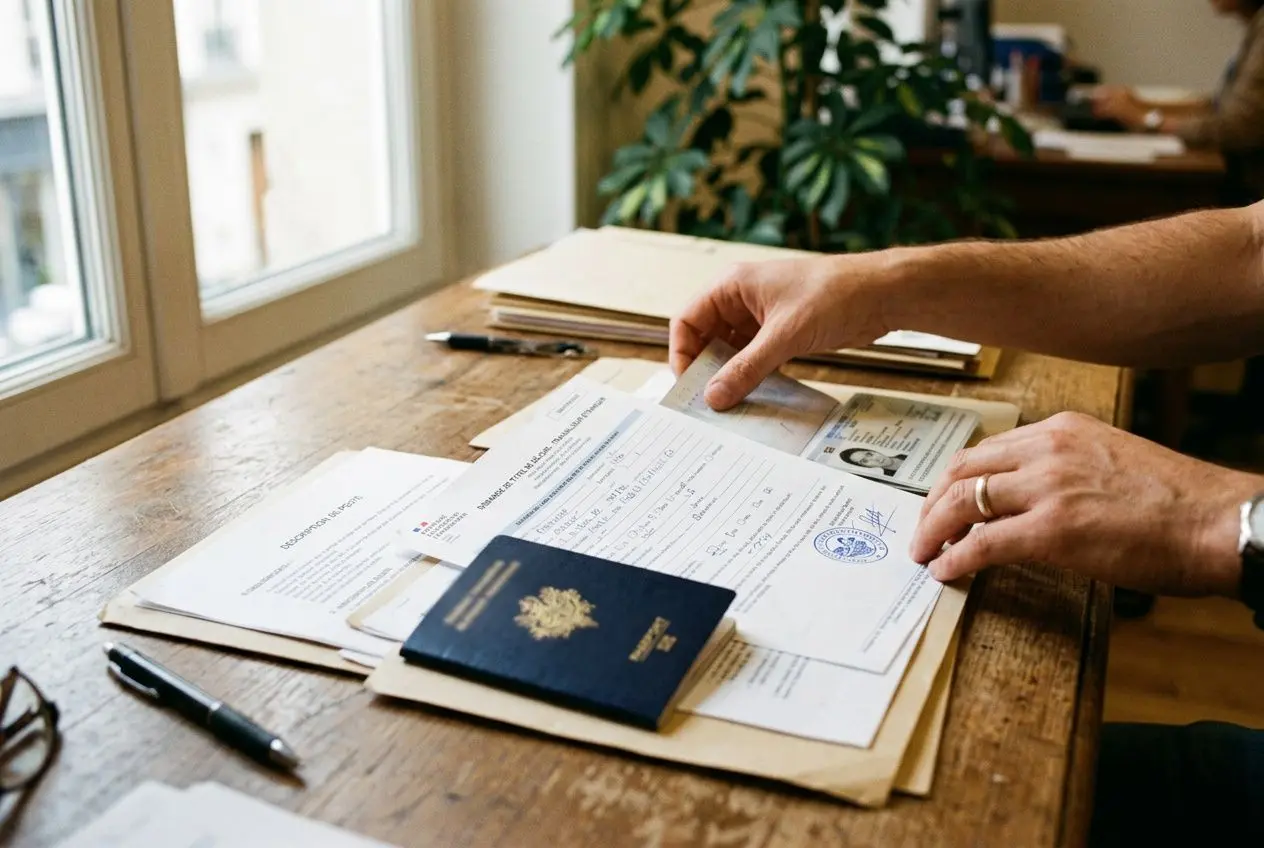Présentation de documents officiels et passeport sur un bureau: discussion autour de la procédure pour embaucher un salarié étranger en France.