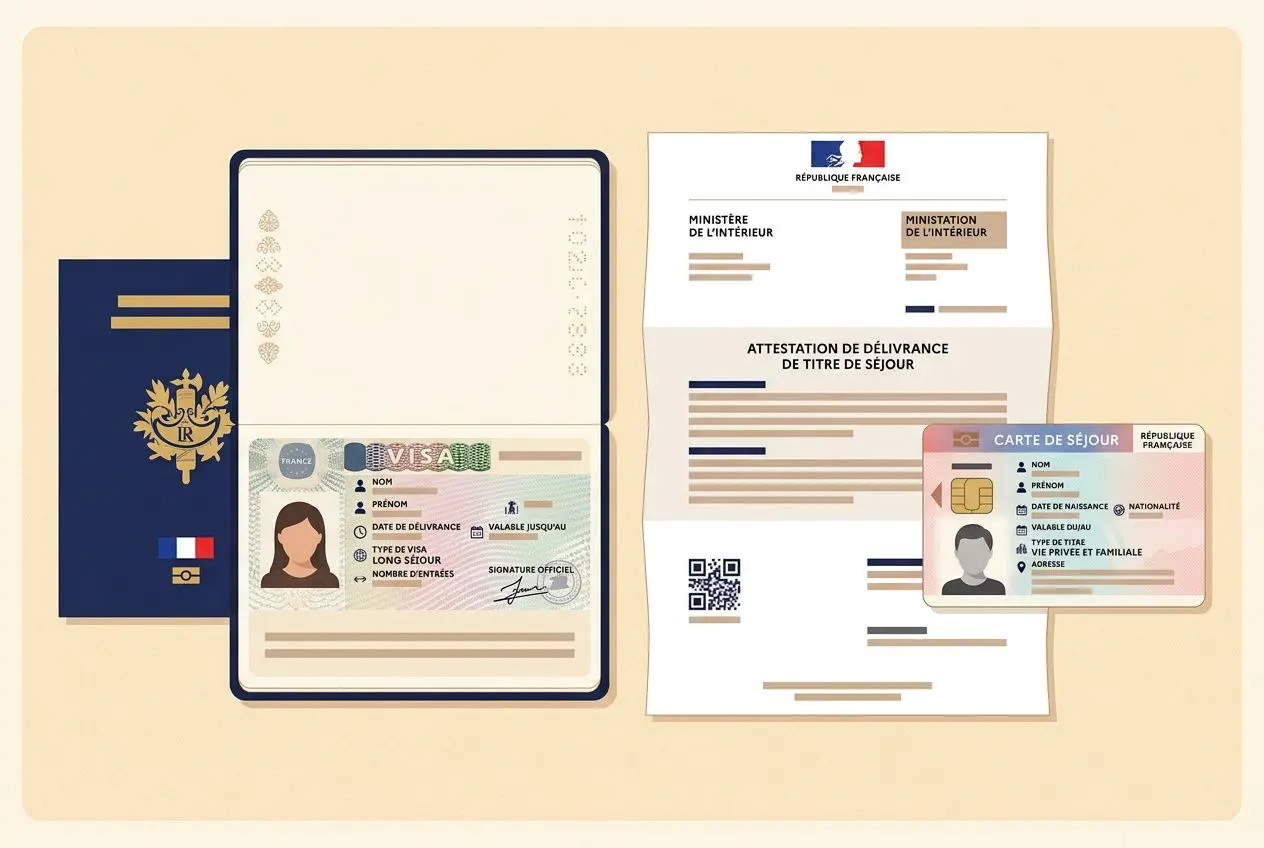 Procédure pour embaucher un salarié étranger en France: documents et visa affichés, passeport, carte de séjour et lettres officielles.