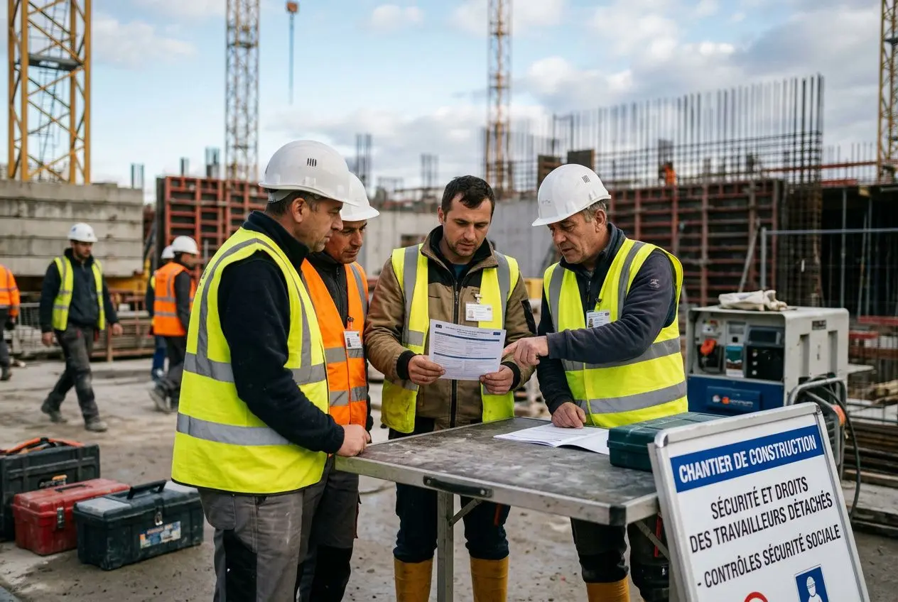 Quatre travailleurs portant gilets jaune et casque discutent autour d’un plan sur un chantier, avec panneau sécurité et outils de construction. Travailleurs détachés comment ça marche.