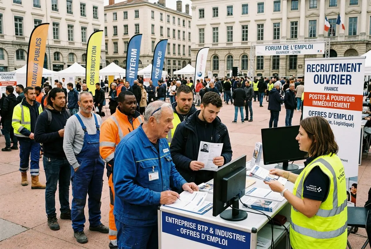 Recrutement ouvrier roumain France: espace forum emploi avec demandeurs d’emploi et stands d’agences spécialisées en recrutement ouvrier roumain France.