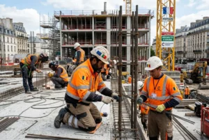 Travailleurs détachés sur un chantier de construction, prêtant attention à l’assemblage des cadres et à l’acier, vêtus de gilets orange et casques, dans une ville européenne.
