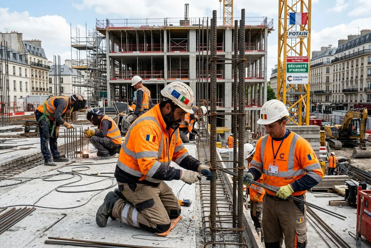 Travailleurs détachés sur un chantier de construction, prêtant attention à l’assemblage des cadres et à l’acier, vêtus de gilets orange et casques, dans une ville européenne.