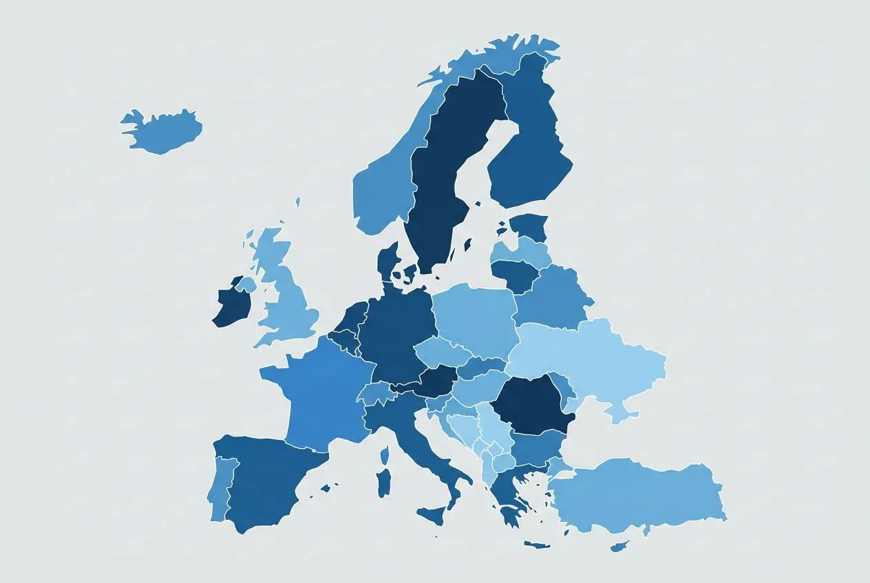 Carte de l’Europe montrant les niveaux de coût du travail par pays, avec la France comparée à la Bulgarie, l’Allemagne et l’UE. coût du travail en europe par pays.