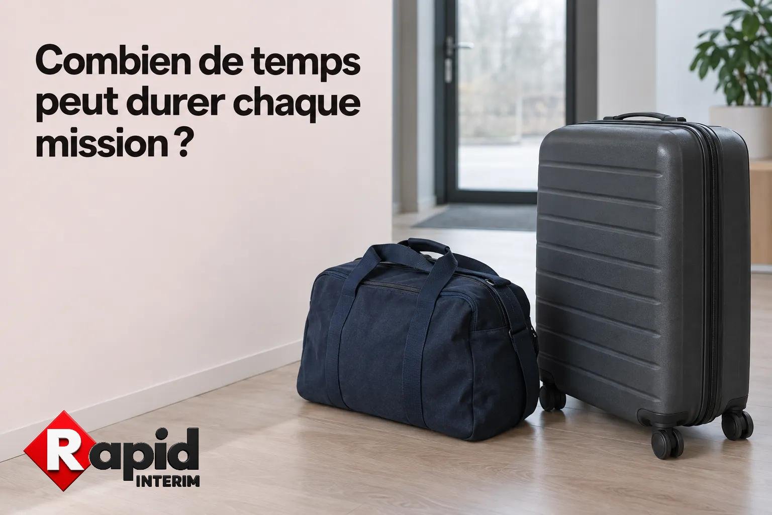 Combinaison de bagages noir et gris près d’une porte, avec le logo Rapid Interim sur le sol.