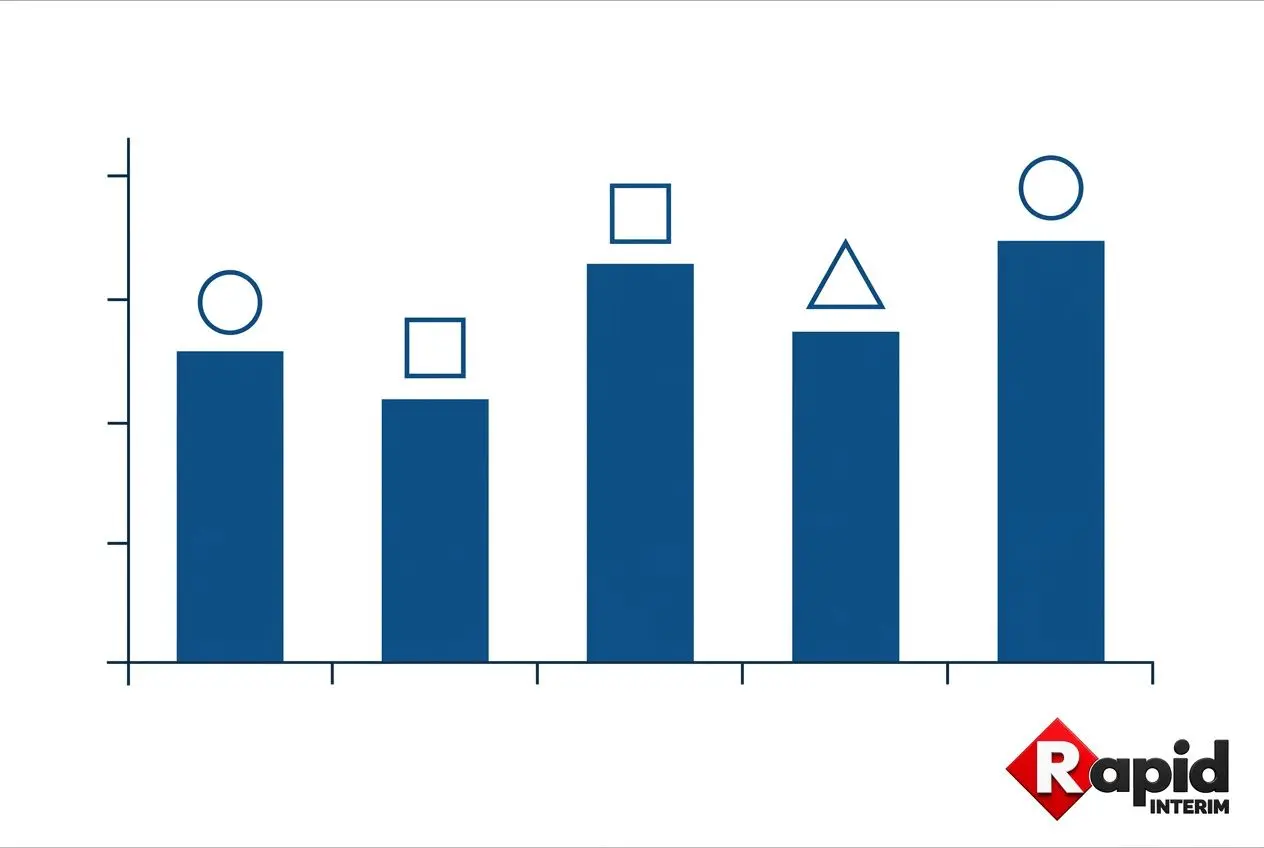 Comparatif graphique du coût du travail en Europe par pays avec barres bleues et formes au sommet, et logo Rapid Interim en coin inférieur droit.