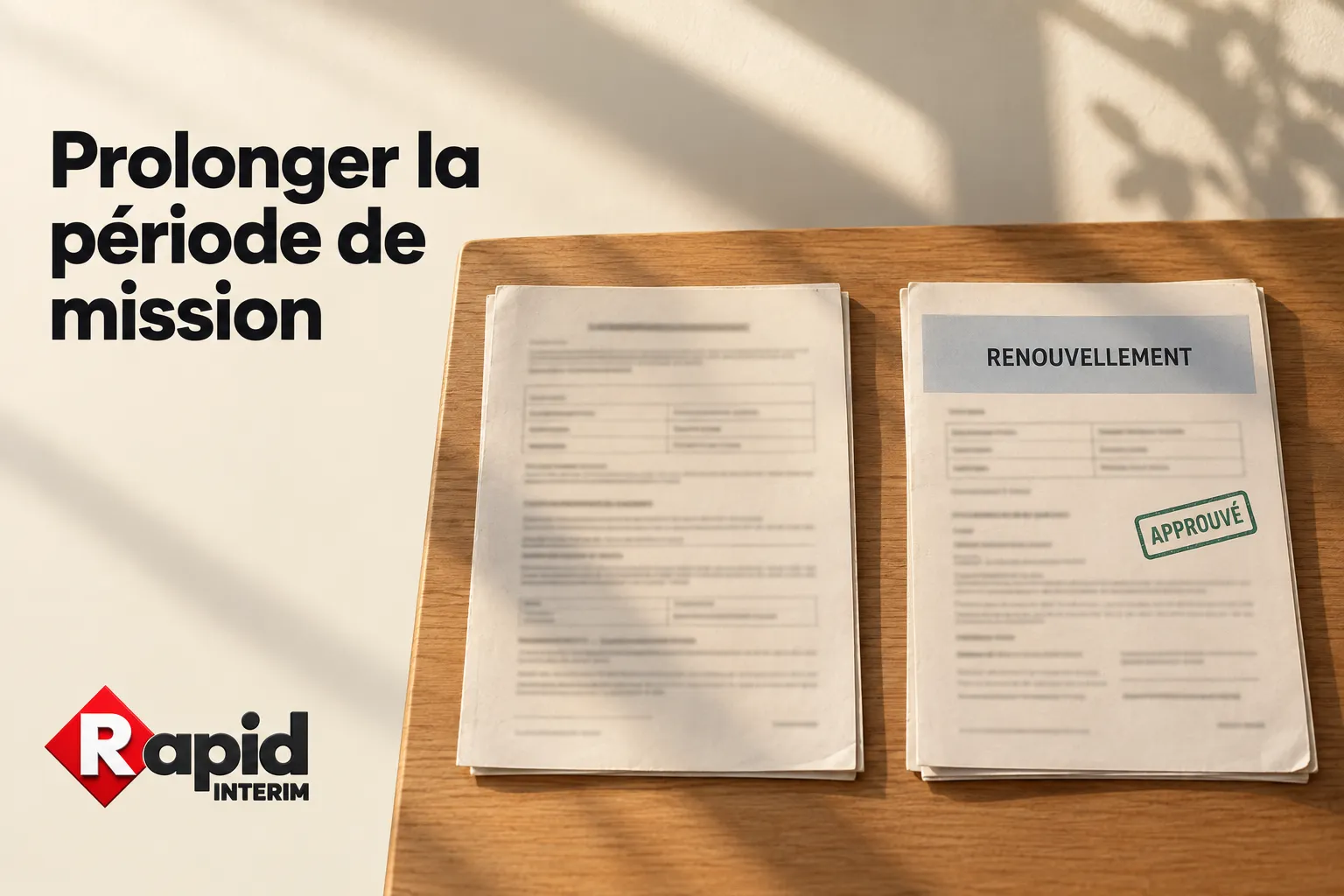 Documents sur une table, dont l’un porte le titre renouvellement et porte un tampon approuvé.