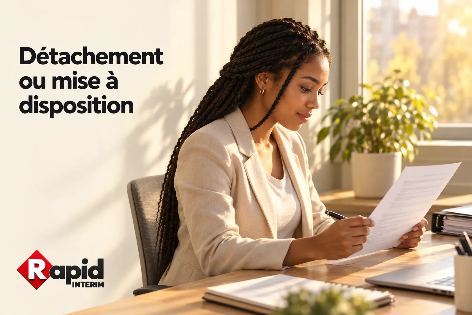 Une femme assise à son bureau lit et signe un document.
