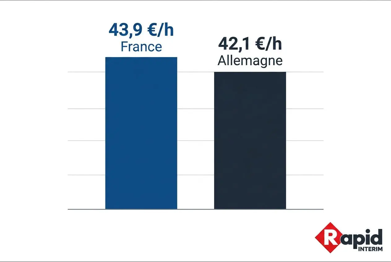 graphique montrant le coût du travail en Europe par pays : France 43,9 €/h et Allemagne 42,1 €/h, avec logo Rapid Interim.
