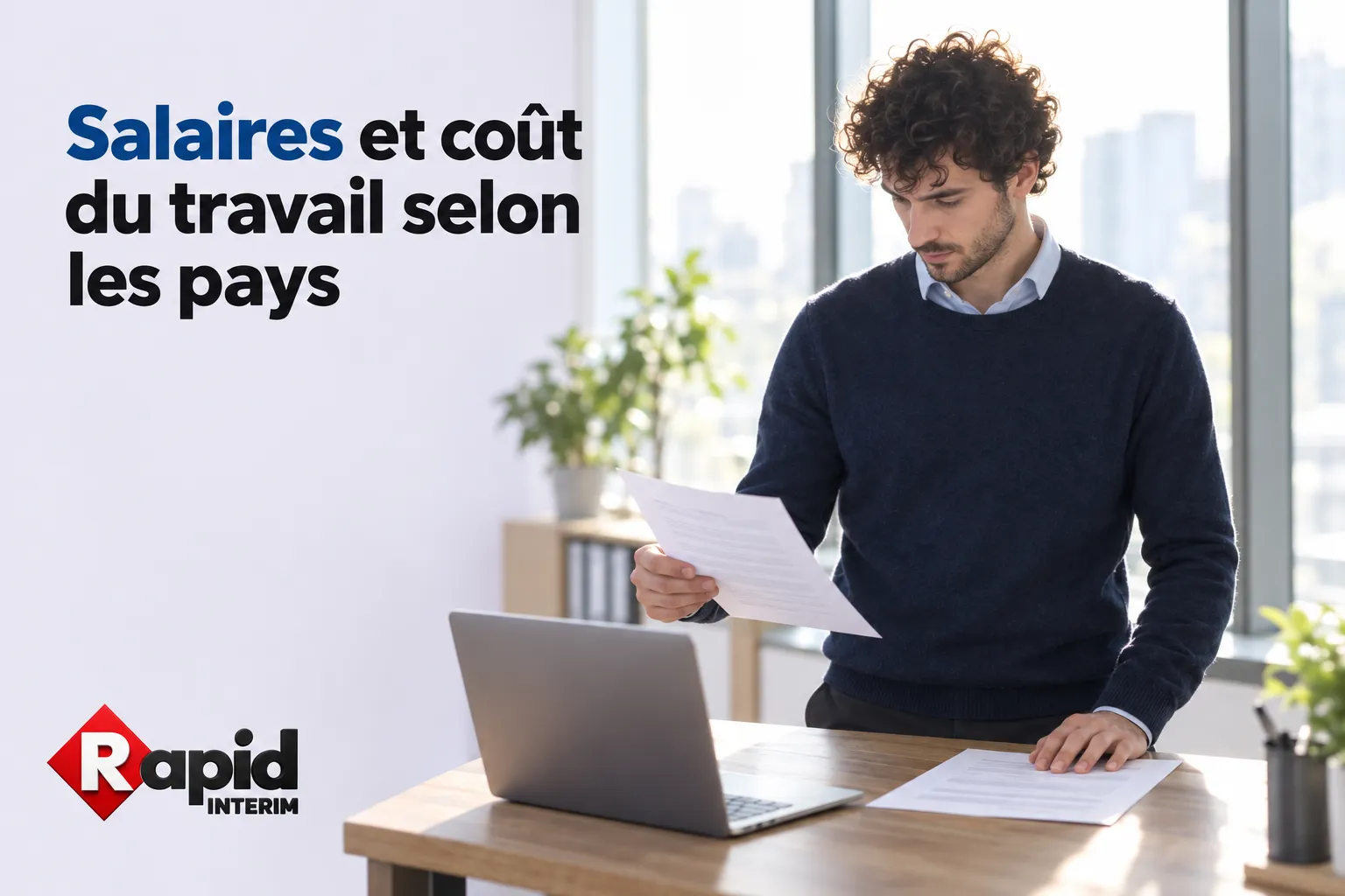 Un homme consulte des documents près d’un ordinateur portable sur une table de bureau.