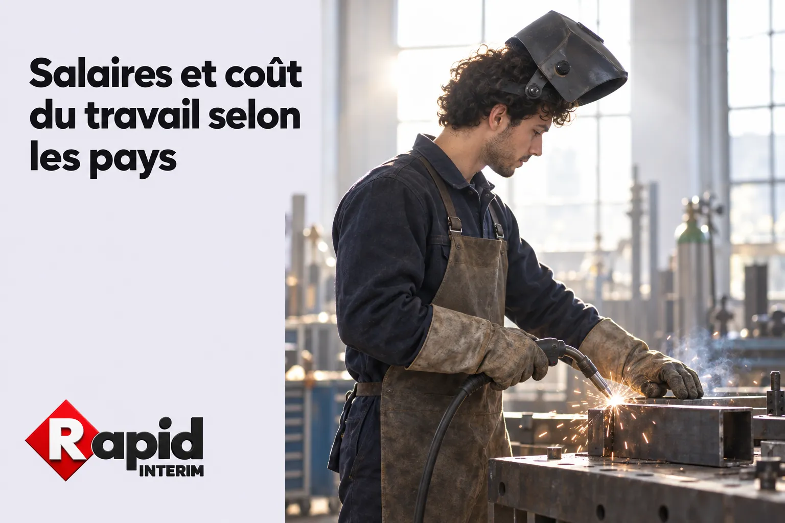 Un ouvrier porte un casque et des gants de protection et travaille à la découpe de métal sur une table de forge.