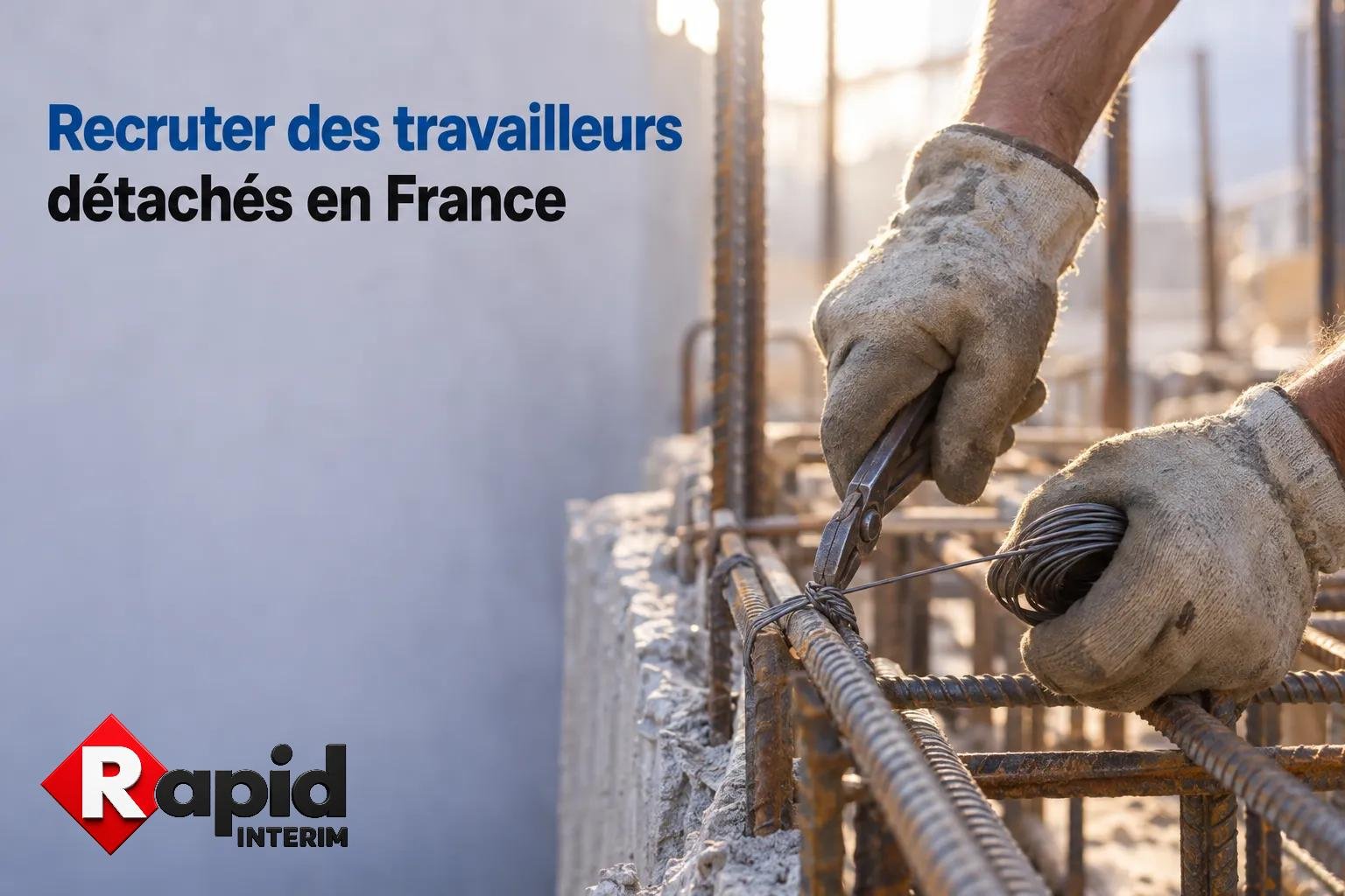 Travailleurs et gants manipulating des fers à béton sur un chantier de construction en train de fixer une armature.