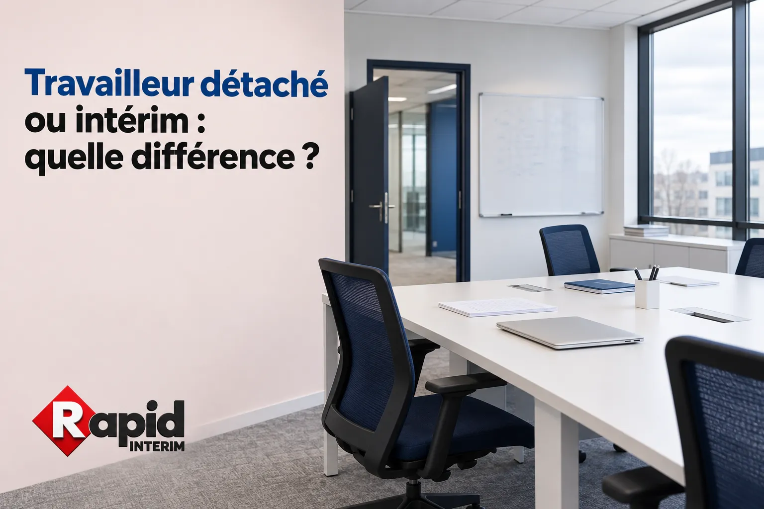 Visuel d’un bureau moderne avec une table blanche et des fauteuils, une porte ouverte et une grande fenêtre, et le logo