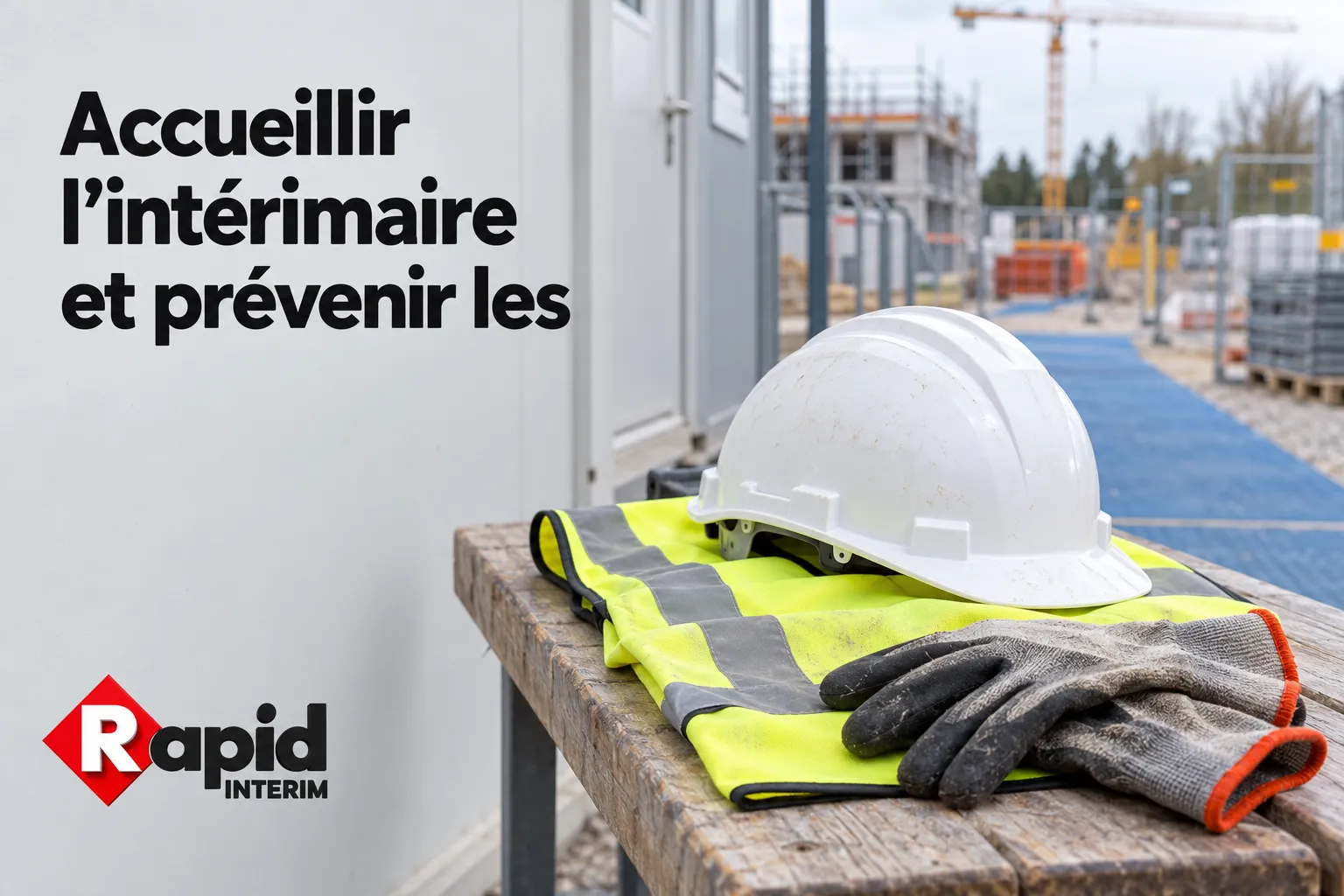 Accueil de l’intérimaire sur un chantier, avec casque et gants déposés sur une veste fluorescente.