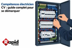 Compétences électricien cv : guide complet pour se démarquer, électricien en tableau électrique et manipulation des câbles (illustration).