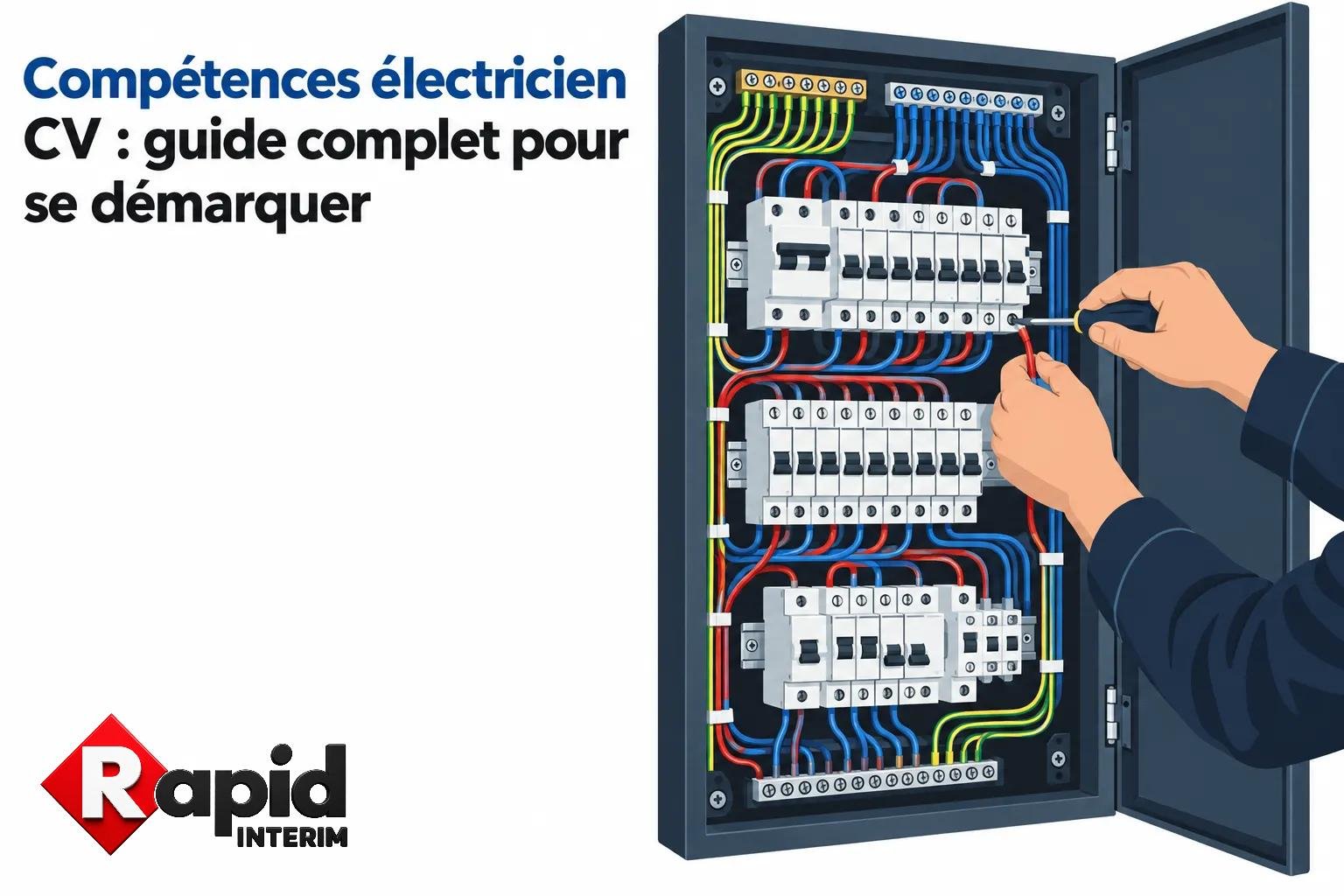 Compétences électricien cv : guide complet pour se démarquer, électricien en tableau électrique et manipulation des câbles (illustration).