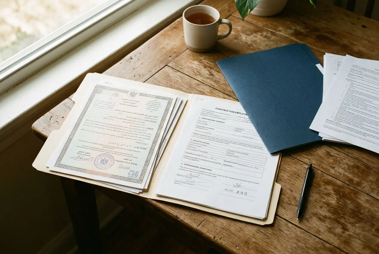 Contrat et documents d’employé sur une table en bois, avec une tasse de café, prêt à vérifier les qualifications ouvrier étranger.