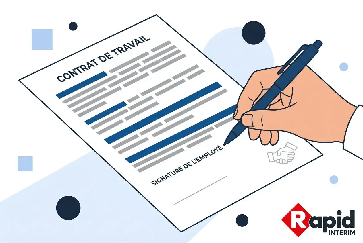 Contrat de travail en cours de signature, main qui écrit sur un formulaire, illustration avec logo Rapid Interim.