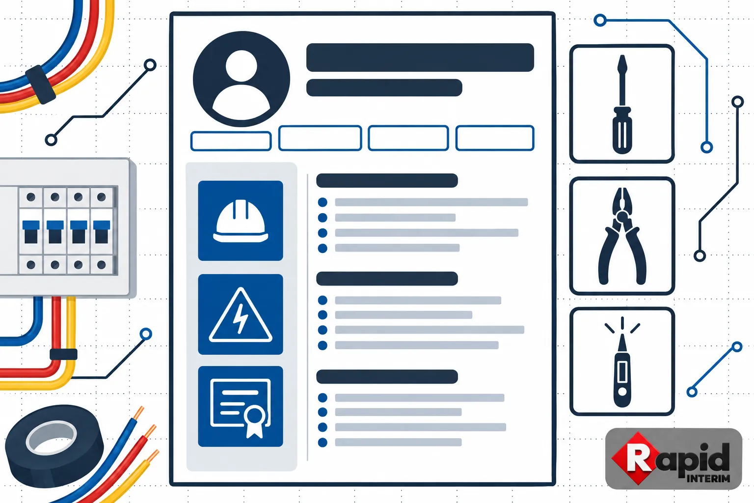 Curriculum vitae d’électricien affichant sections profil, compétences et pictogrammes techniques, avec outils et câbles visibles. contient les compétences électricien cv intégrées.