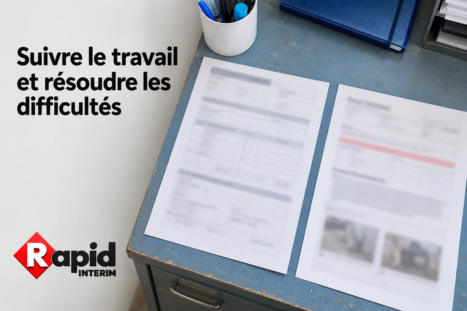 Deux documents imprimés posés côte à côte sur le bureau, avec une tasse porte-stylo et des tiroirs en arrière-plan.