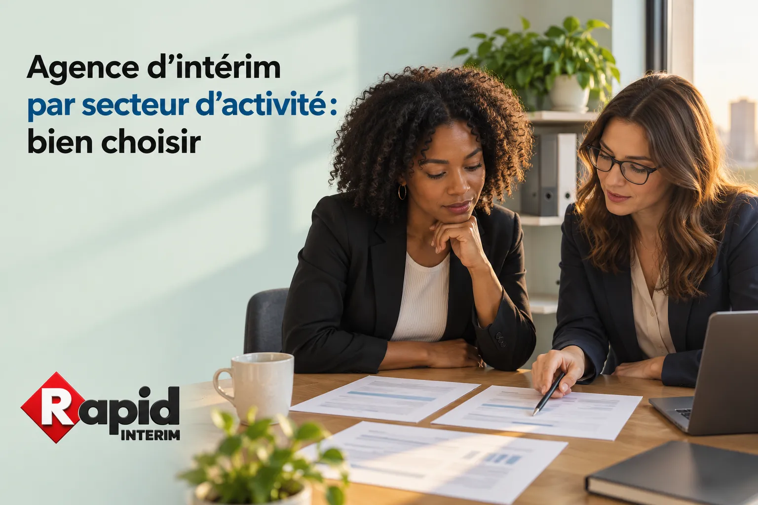 Deux femmes professionnelles examinent des documents sur une table lors d’une réunion.