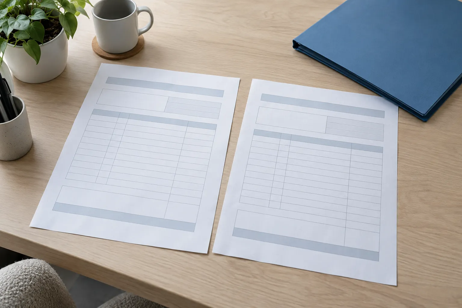Deux feuilles de calcul ou de facture posées sur un plan de travail en bois, avec une tasse et des plantes en arrière-plan.