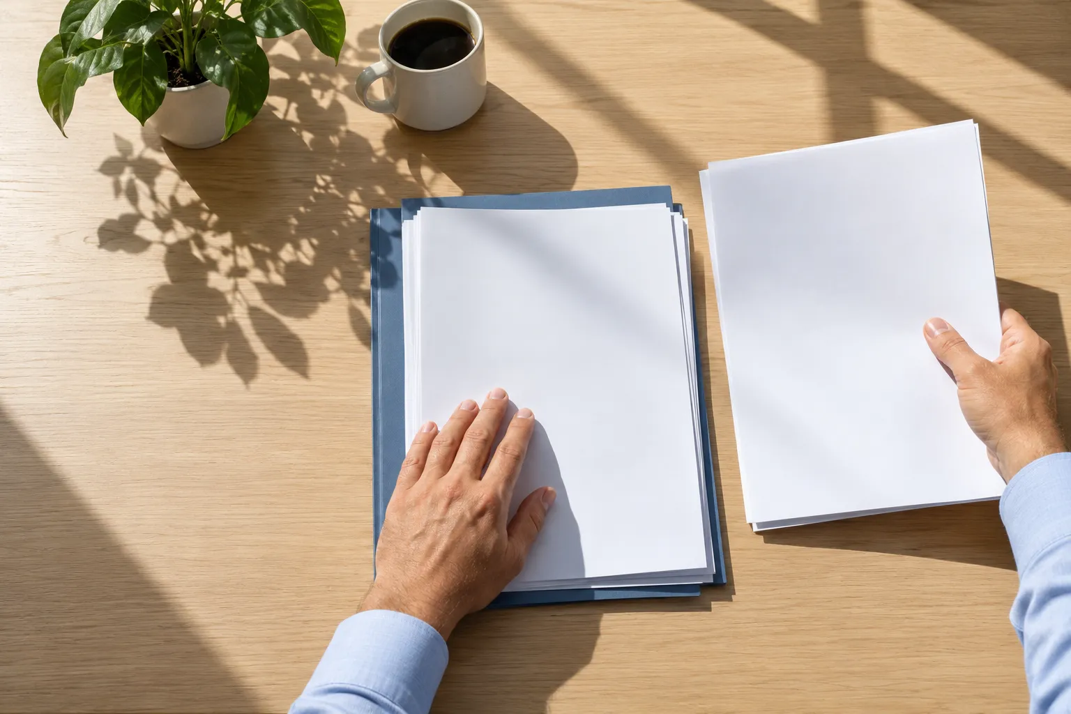 Deux mains déposent ou organisent des documents blancs sur une table en bois avec une plante et une tasse en arrière-plan.