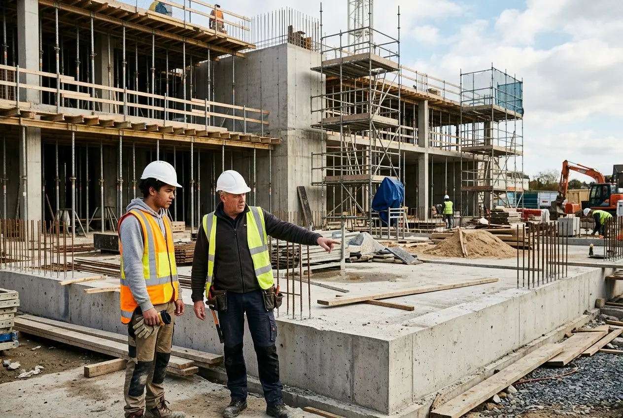 Deux ouvriers sur un chantier de construction, l’un en gilet jaune et casque, l’autre en gilet gris et casque, discutant près d’une dalle en béton avec structures et échafaudages. Ouverture sur le thème des ouvriers qualifiés p1 p2 p3 p4 définition et salaires.