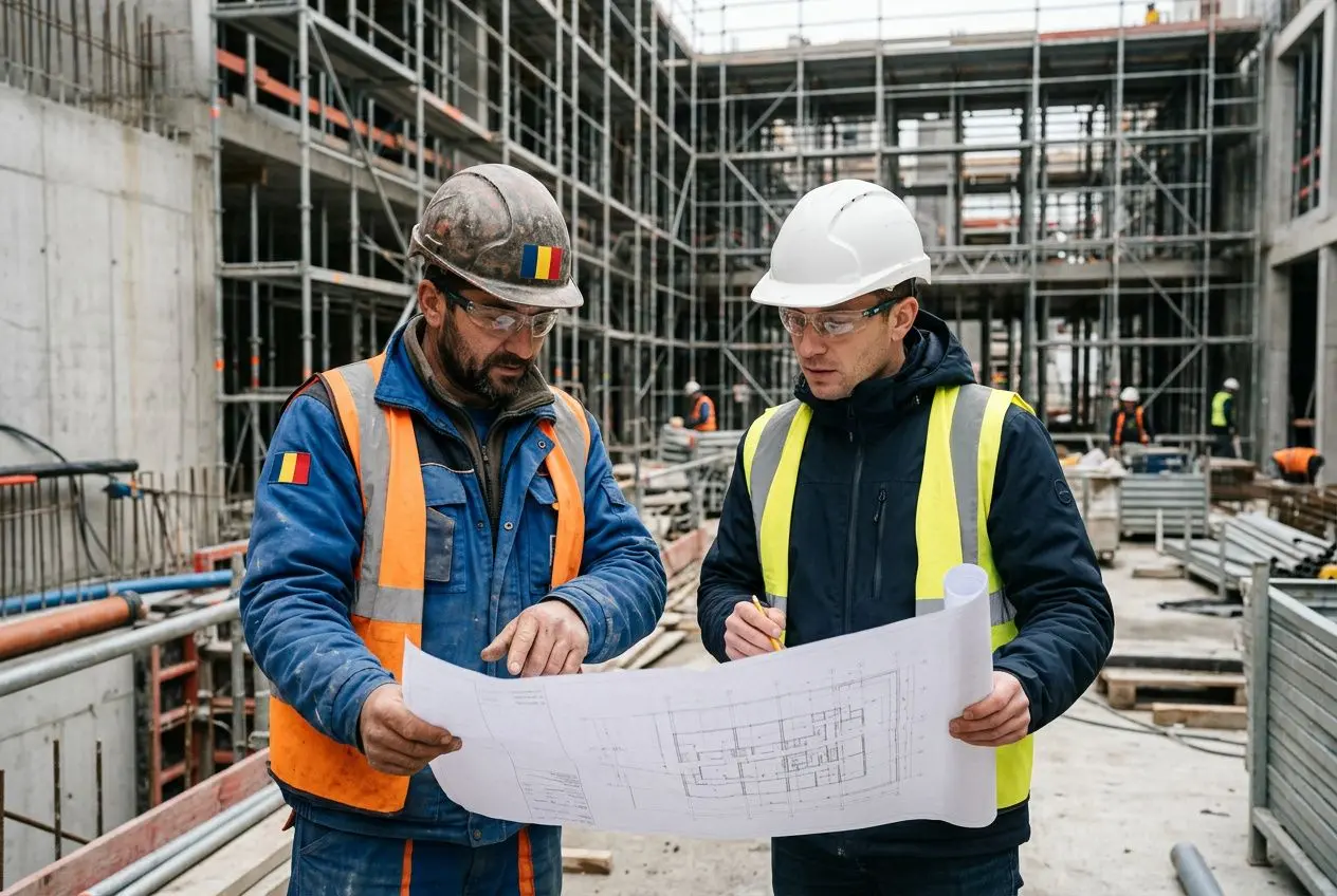 Deux ouvriers sur un chantier, l’un en gilet orange et casque, l’autre en gilet jaune et casque blanc, examinant des plans de construction sous une structure en fer et béton. Le tout évoque le travail de salarié détaché en france par une entreprise étrangère.