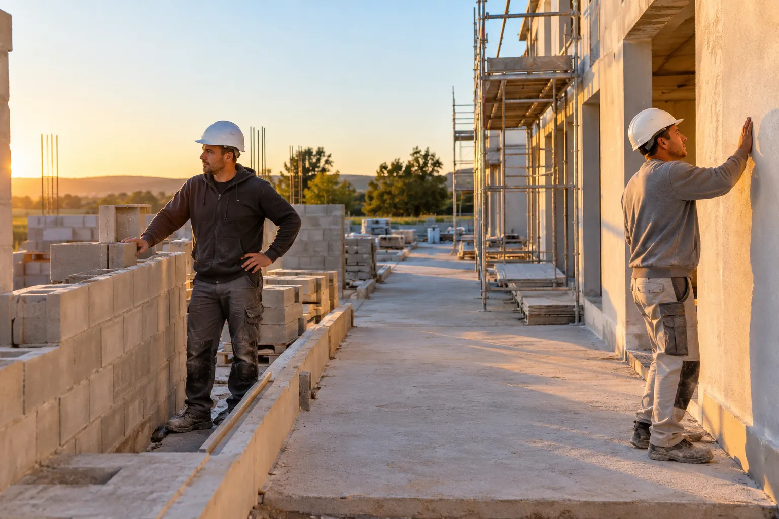 Deux ouvriers portant un casque travaillent sur un chantier de construction, près d’un mur de parpaings et d’un bâtiment