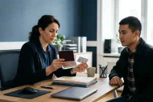 Deux personnes en entretien: une femme vérifie les documents d’un candidat, démonstrations de cartes et dossiers sur le bureau. Vérifier qualifications ouvrier étranger.