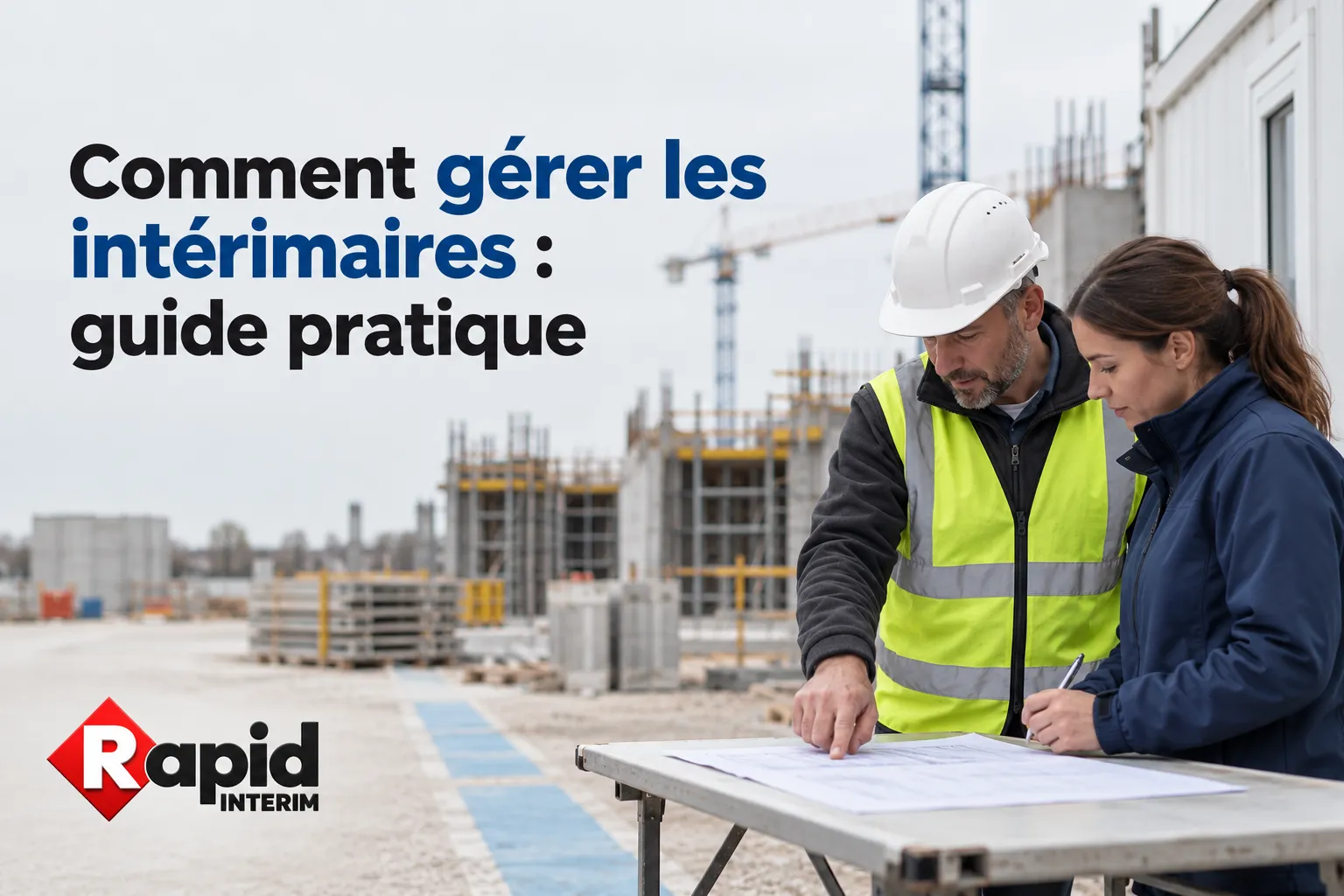 Deux professionnels sur un chantier consultent des plans posé sur une table de travail.