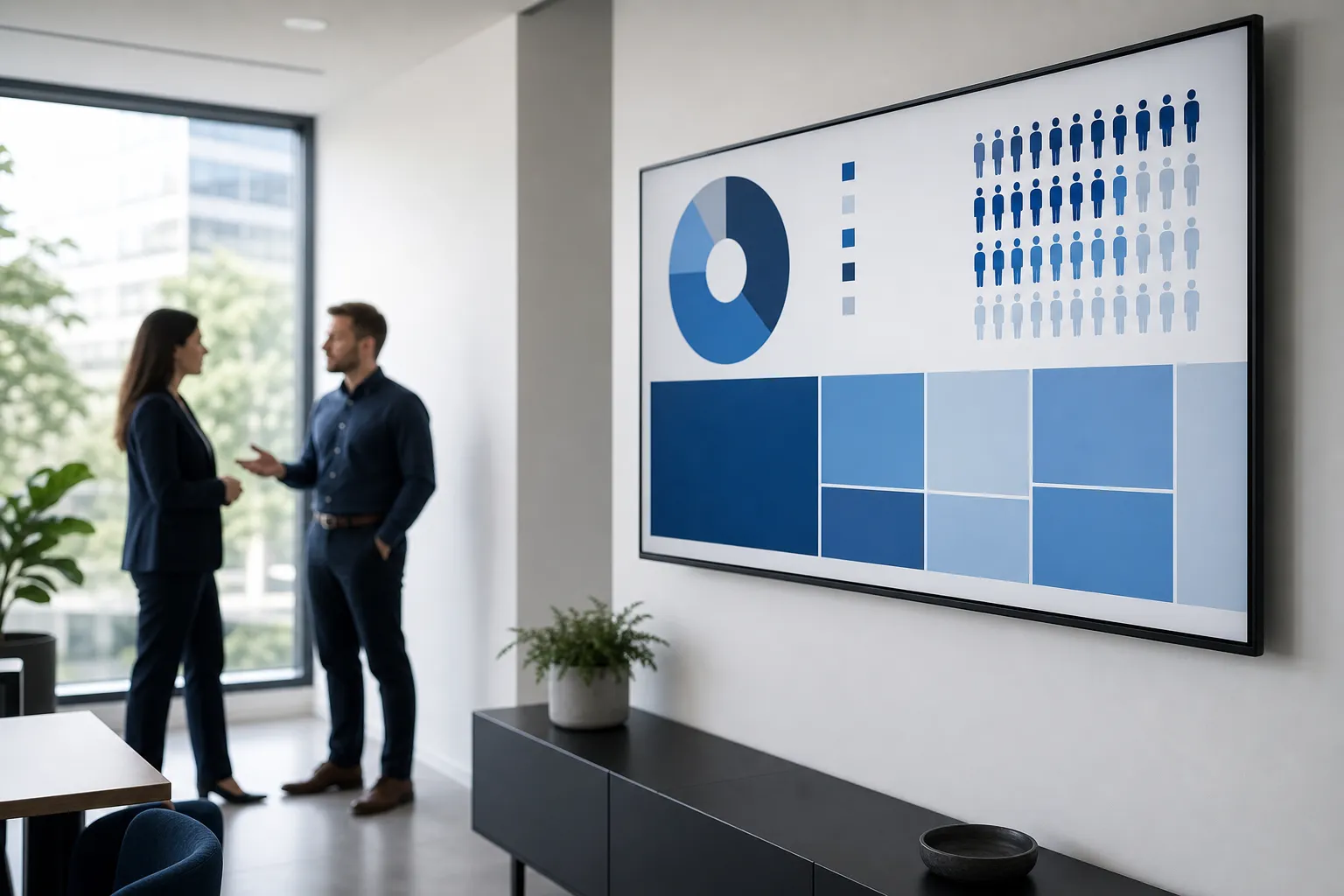 Deux professionnels discutent près d’un grand écran affichant des graphiques et diagrammes, dans un bureau moderne. besoin en main-d'œuvre definition est évoqué.