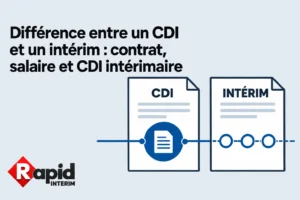 Différence entre un CDI et un intérim : contrat, salaire et CDI intérimaire : visuel avec deux documents et le logo Rapid Interim.