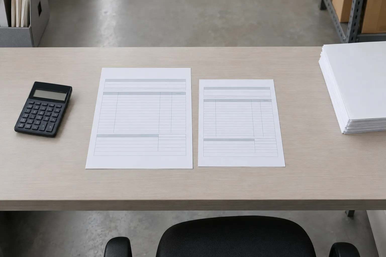 Différence entre un CDI et un intérim : documents administratifs, calculs sur une table de bureau avec calculatrice et fiches de paie, contexte professionnel.