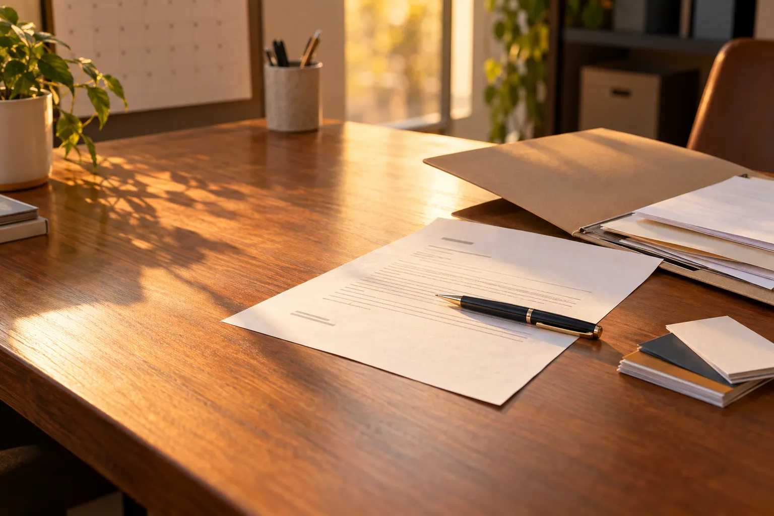 Documents et enveloppes sur un bureau en bois, avec stylo et lumière naturelle. difféRENce entre un CDI et un intérim est évoquée.