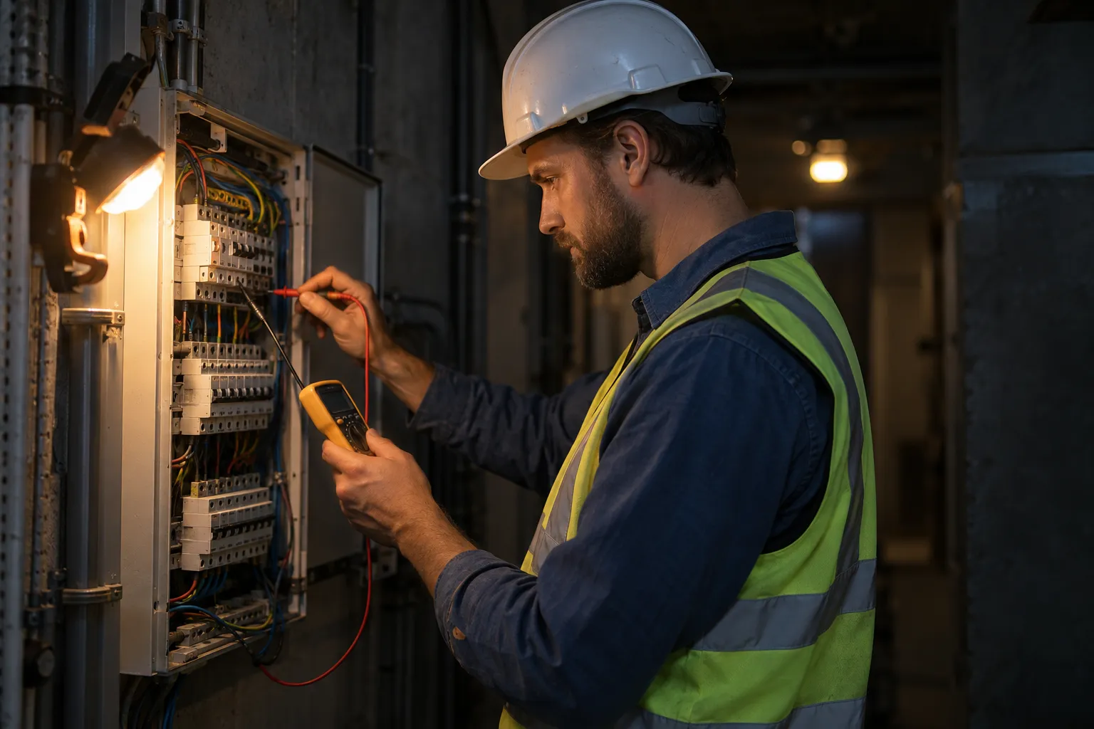 Électricien en tenue de sécurité inspectant un panneau électrique avec multimètre, sur chantier, lumière chaude. Compétences électricien cv mises en avant.