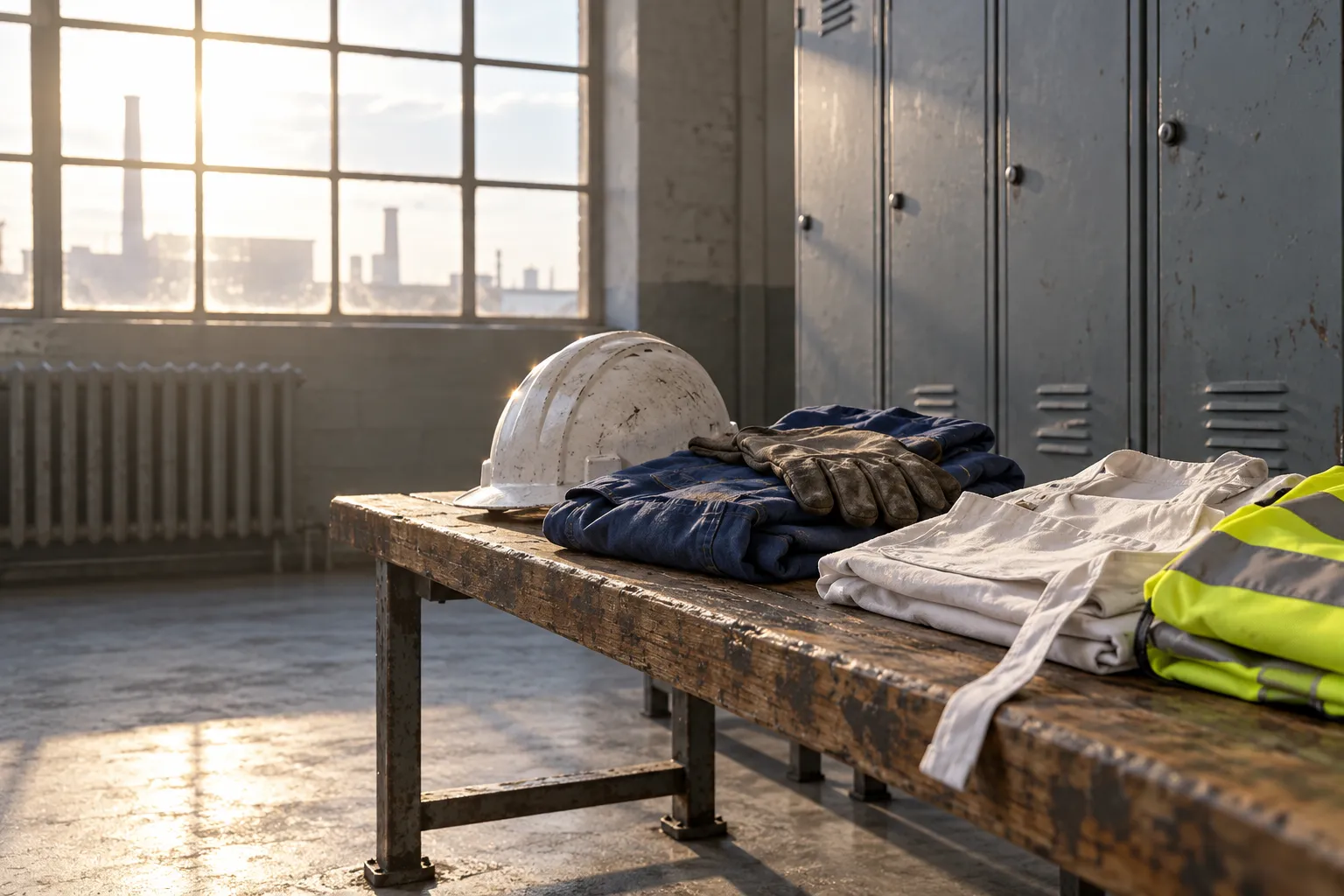 Equipement de sécurité et vêtements de travail posés sur une table dans un atelier industriel.