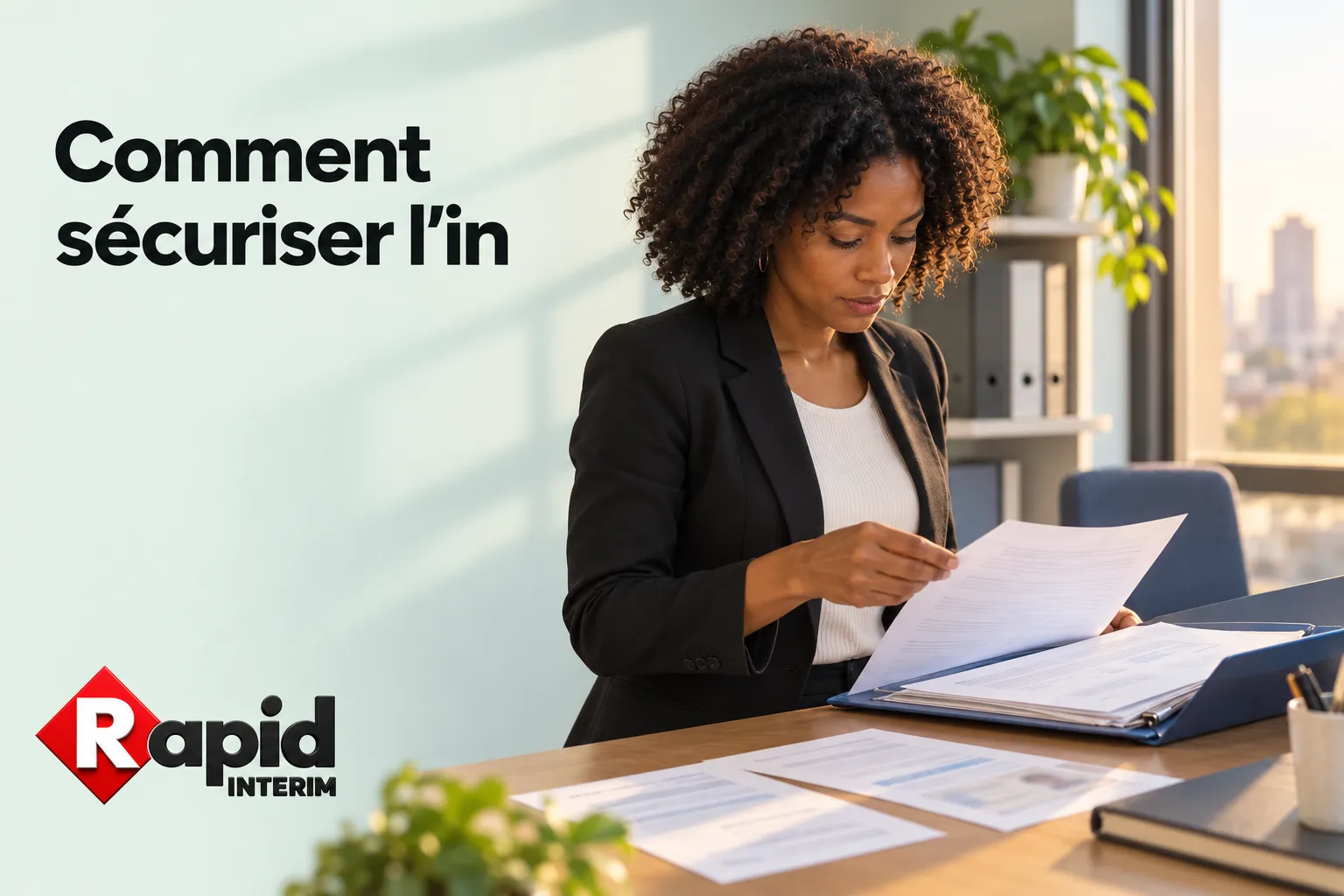Une femme d'affaires consulte des documents sur un bureau.