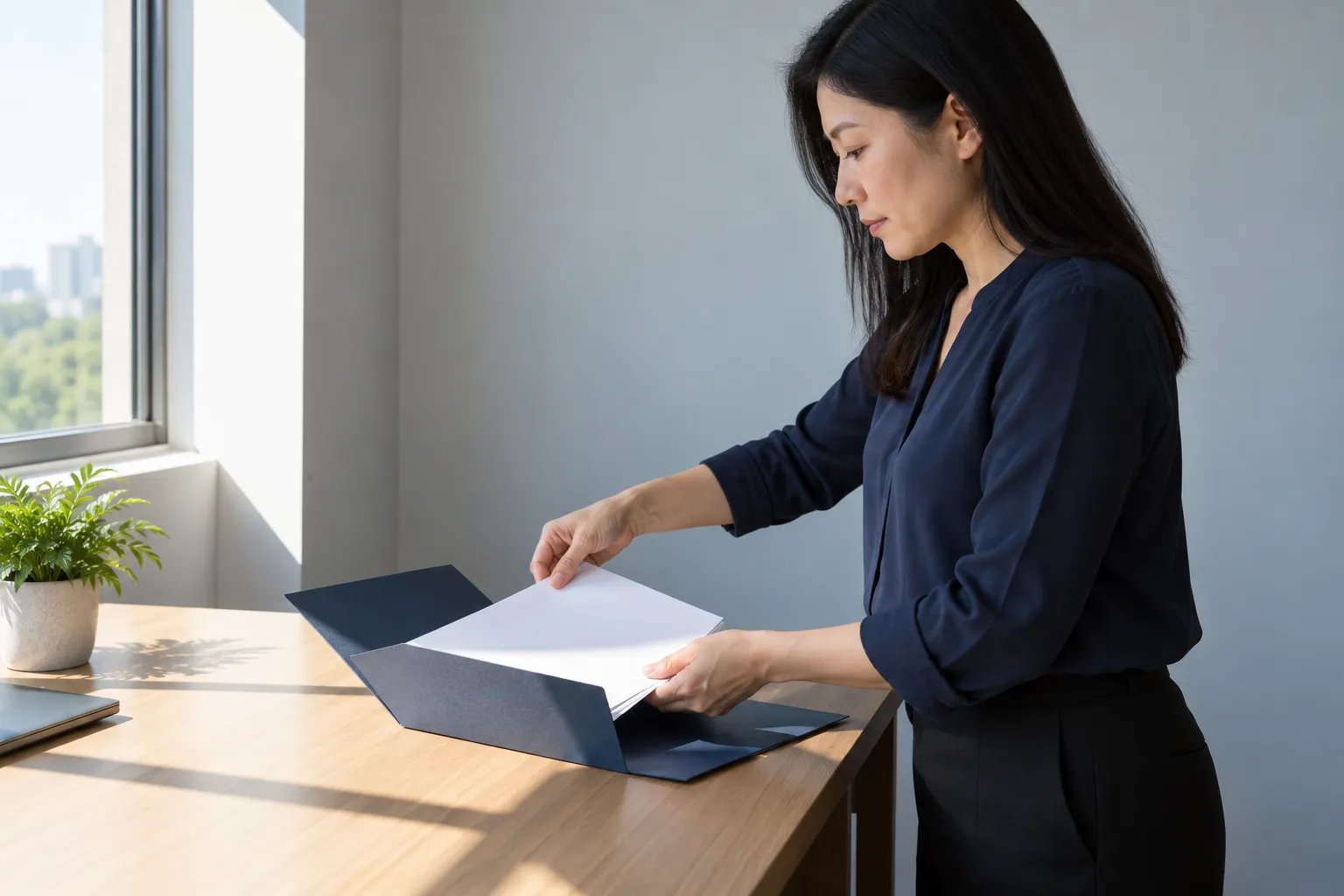 Une femme debout près d’un bureau ouvre une chemise et dépose des documents dans une pochette.