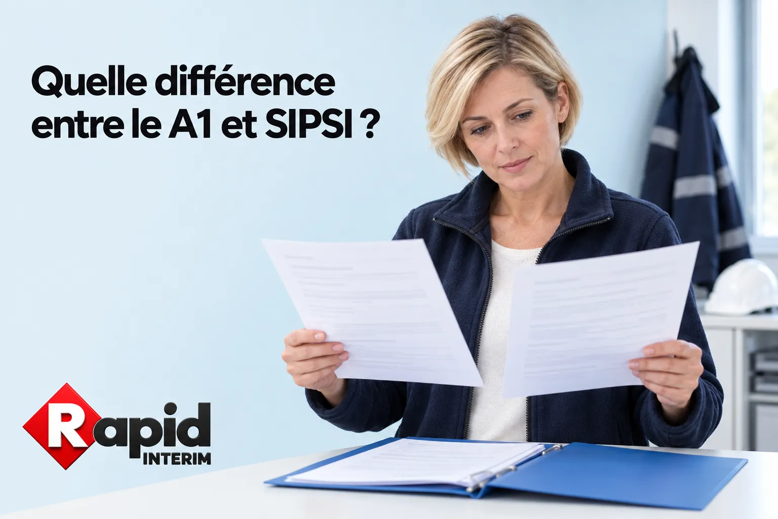 Une femme lit deux documents posés sur une table, avec le logo Rapid Interim en bas à gauche.