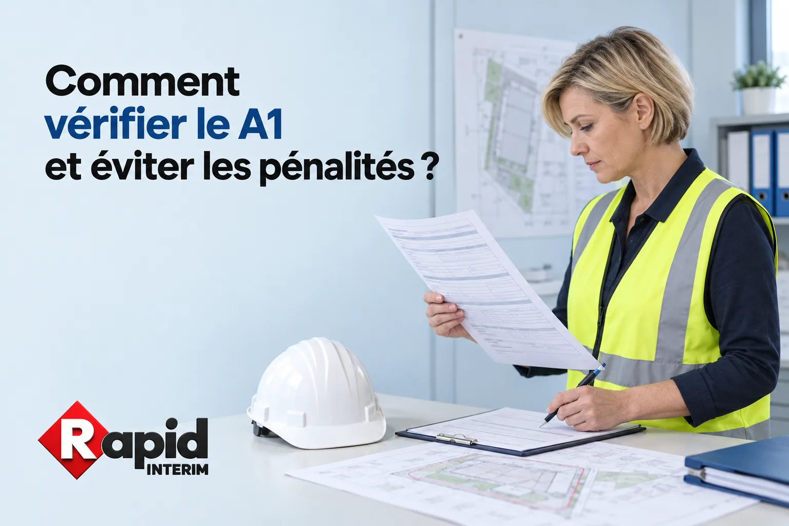 Une femme portant gilet jaune examine des documents sur une table de bureau.